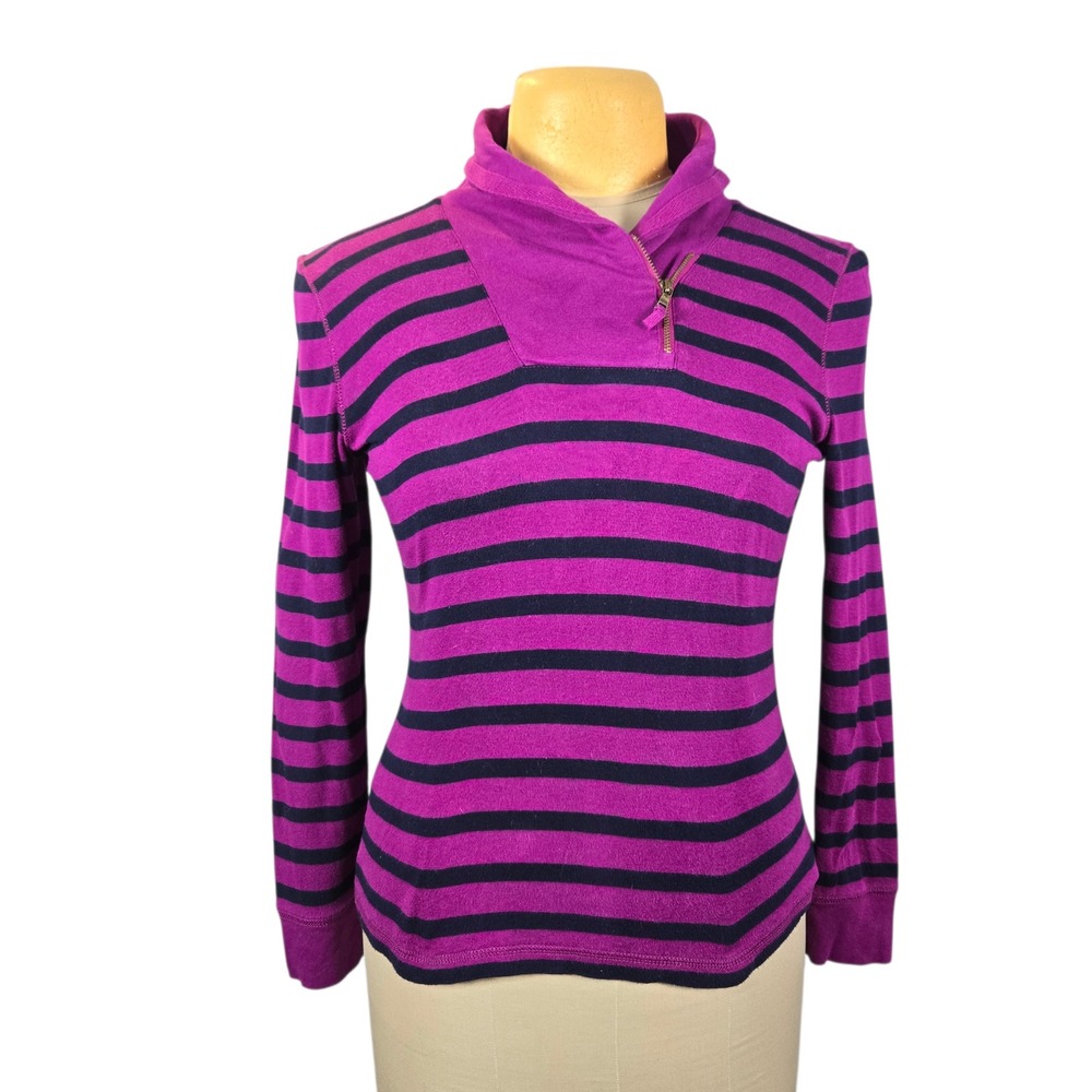 Lauren Ralph Lauren Purple Striped Shawl Collar Half Zip Cotton Top Women Medium